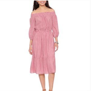 Gingham Off Shoulder 3/4 Sleeve Midi Dress Red XS